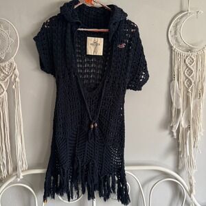 Hollister Blue Crochet Knit Hood Fringe Sweater XS Boho Bella Swan Tunic Top